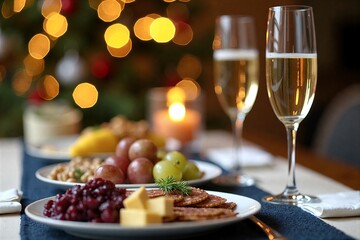 Christmas dinner table: sparkling wine, colorful appetizers, festive lights in background. Cozy holiday atmosphere.