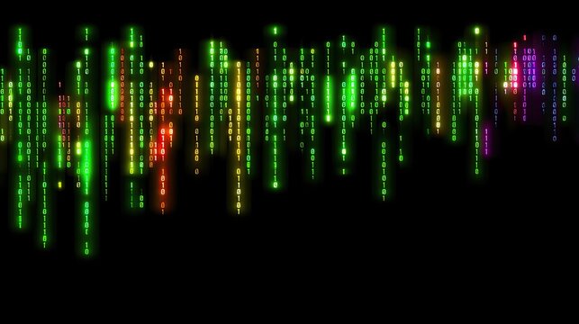 Colorful Digital Matrix Stream with Vibrant Binary Code on Black Background for Tech and Cybersecurity Themes in Futuristic Aesthetics