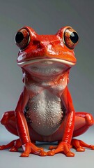 Vibrant Red Frog with Striking Eyes Posing Against a Neutral Background.