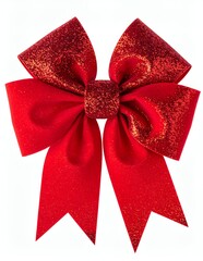 Vibrant Red Glitter Christmas Bow Isolated on White Background.