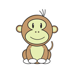 Fototapeta premium Cute ape toon in clean flat line art sits in calm pose on white view for sweet vector art use in fun kid theme and soft warm look for print or web
