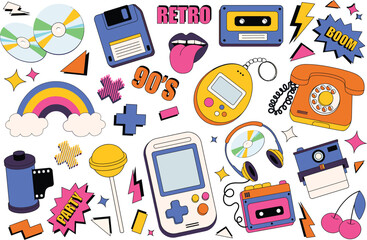 Vibrant collection of nostalgic 80s and 90s pop culture items, featuring retro gadgets, media, and playful symbols from a bygone era, perfect for vintage themes