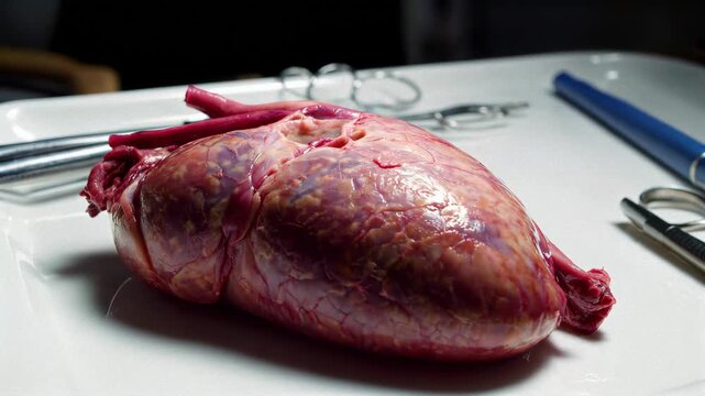 Human heart on the dissection table Heart on the operating table