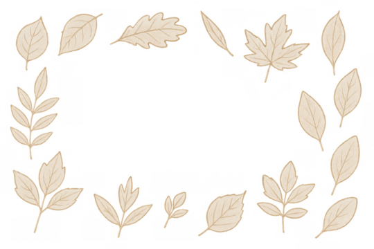 Autumn leaves border design creating a natural frame, beige foliage elements on transparent background for seasonal decor