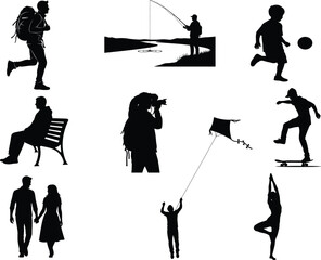 Silhouettes of people engaged in various activities and hobbies