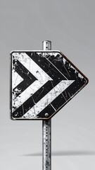 Weathered Chevron Arrow Sign Pointing Right in Black and White.