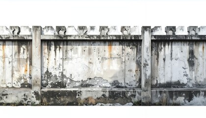 Weathered concrete wall with peeling paint and moss, isolated on a white background, showcasing urban decay and grunge texture.