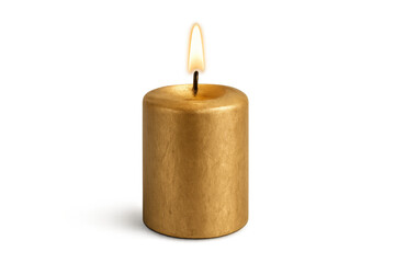 Golden wax candle burning with a flame