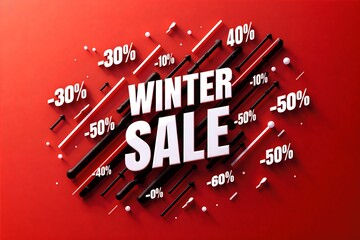Winter sale banner with bold discounts: -30%, -40%, -50%, and -60% on vibrant red background, modern design.
