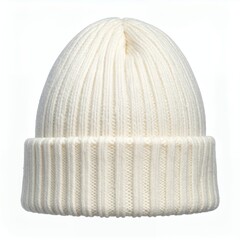 White Ribbed Knit Beanie Hat Isolated on White Background, Warm Winter Headwear for Cold Weather.