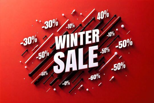Winter sale banner with bold discounts: -30%, -40%, -50%, and -60% on vibrant red background, modern design.