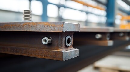 Close-up of rusty metal beams with bolts in a factory.