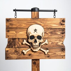 Wooden sign with skull and crossbones, pirate symbol.