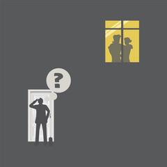 A conceptual illustration showing a person standing outside a white door, looking confused with a question mark thought bubble above their head