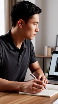 A man in a dark polo shirt focused on writing in a notebook next to a laptop