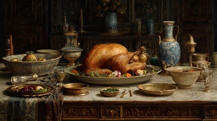 A perfectly cooked and presented Christmas turkey on a platter, surrounded by all the trimmings, but the room is empty and the food is going cold.