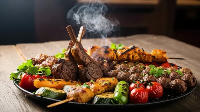 Delicious grilled lamb chops and chicken skewers with vegetables on a black plate, creating a culinary masterpiece