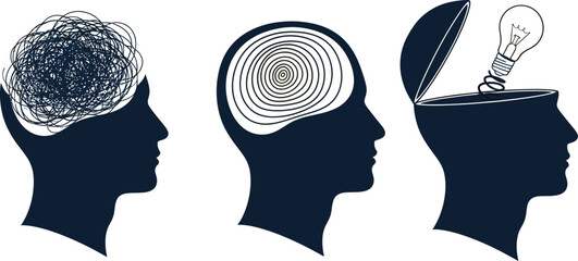 Mental clarity and problem solving process represented by three head silhouettes