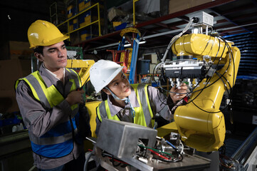 Factory engineers guide yellow robotic arm during industrial maintenance in busy workshop, focused and collaborative mood under warehouse light, precision tools and safety helmet highlight teamwork