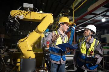 Engineers discuss factory safety beside industrial robot arm under metal roof, focused and collaborative while checking control panel and blue folder in production line with bright work light
