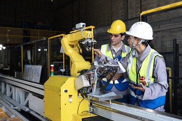 Factory engineers guide industrial robot arm during machine maintenance workshop, teamwork focused safety and quality control bright light, confident and calm mood busy production line