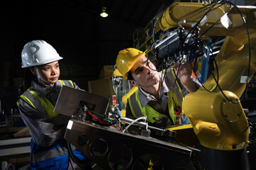 Fototapeta premium Engineers collaborate with robotic arm modern factory workshop, focused industrial teamwork dramatic light, precision maintenance and safety gear highlight skilled operation and calm determination