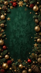 Christmas Holiday Green Background with Gold Baubles, Pine Cones, and Festive Decorations