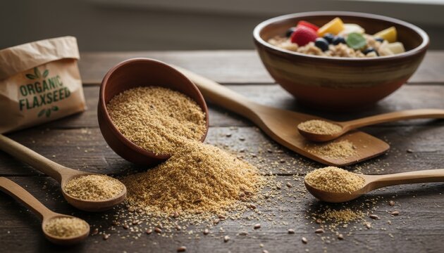 Nutritious Grain Feast: A bountiful display of healthy breakfast ingredients features a bowl of oatmeal, organic flaxseeds and a wooden spoon, capturing the essence of a nutritious start