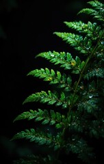 Obraz premium Vibrant green fern frond glistening with fresh morning dew against a dark, mysterious background