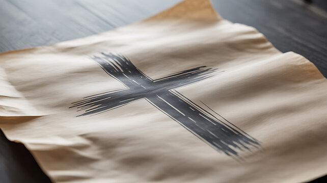 A hand-painted black cross on aged parchment paper, resting on a dark wooden surface.