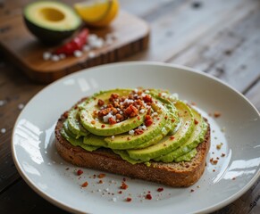 Gourmet Avocado Toast with Creamy Sliced Avocado, Savory Spices, and Fresh Lemon on Rustic Wooden Background for Healthy Eating