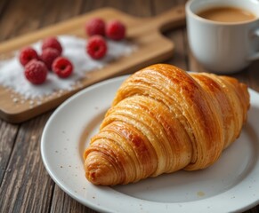 A warm, flaky golden croissant served on a plate for a delicious morning breakfast with coffee and raspberries