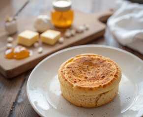 Delicious freshly baked scone on a plate with butter, jam, and honey in the background