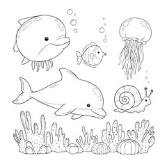 Cute Ocean Animals Line Art Vector Illustration with Dolphin Fish Jellyfish Snail and Coral