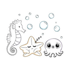 Cute Sea Animals Flat Vector Illustration with Seahorse Sleeping Starfish and Octopus