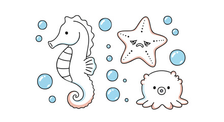 Cute Sea Animals Flat Vector Illustration with Seahorse Starfish and Octopus Characters © NineteenVisualStudio