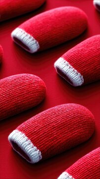 A close-up, overhead view of multiple red knitted finger cots with white trim, arranged in a pattern on a smooth red surface. The lighting creates a warm and in