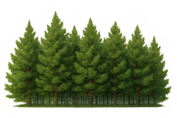 Group of tall green pine trees forming a forest line, a natural landscape element with transparent background
