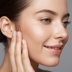 Closeup beauty macro of young woman touching cheek, showcasing smooth skin texture, natural glow, minimalist aesthetic and healthy skincare appearance