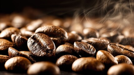 Freshly Roasted Coffee Beans Scattered on Modern Espresso Machine with Warm Brown Tones and Steam
