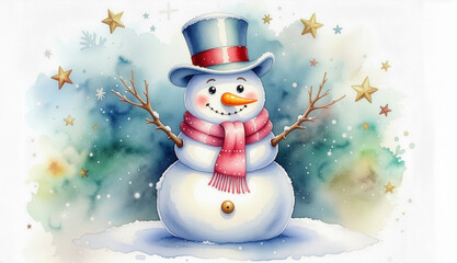 Cute Snowman in Top Hat and Scarf in Watercolor Winter Scene