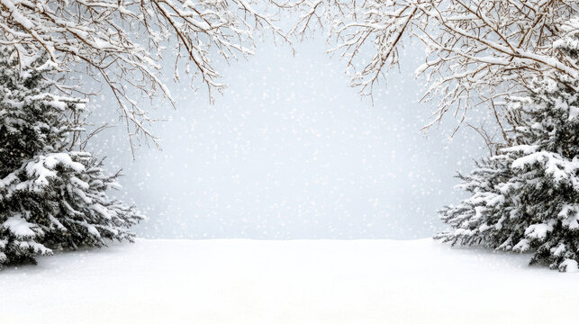 Snowy winter landscape with frosted pine and bare branches, gentle falling snow