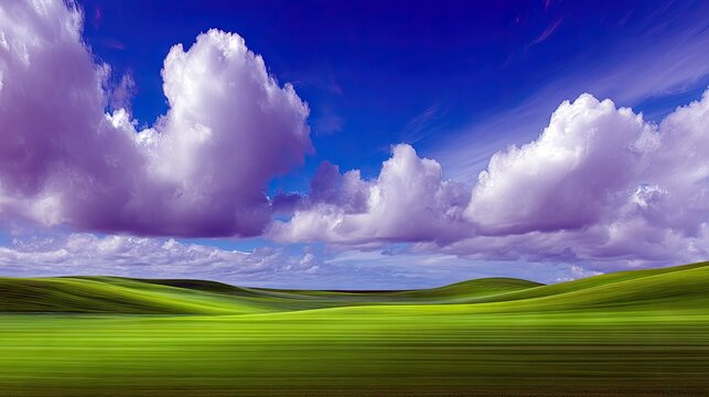 A vibrant landscape featuring rolling green hills, fluffy white and purple clouds, and a bright blue sky. The image has a surreal, dreamy quality.
