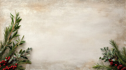 Light warm beige bordered by festive botanical green and red berries, cozy holiday mood