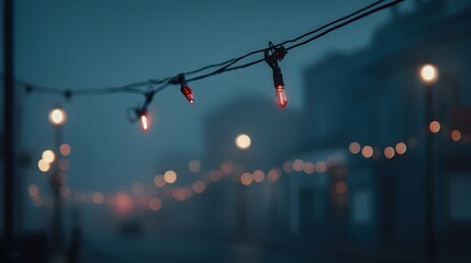 A string of Christmas lights strung between bare trees on a deserted city street at night, with one or two bulbs flickering inconsistently.