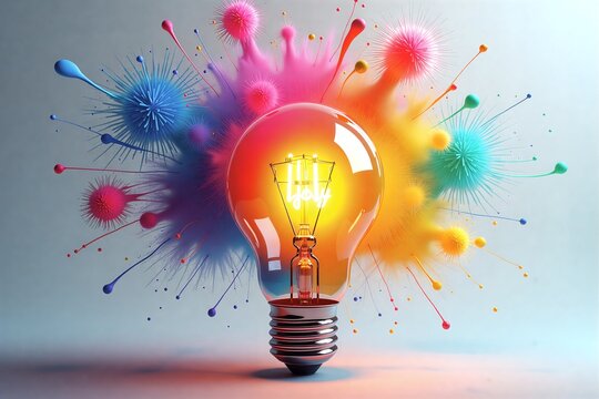 Colorful paint splashes burst from a glowing light bulb, symbolizing creativity and innovation in vibrant hues. - Powered by Adobe