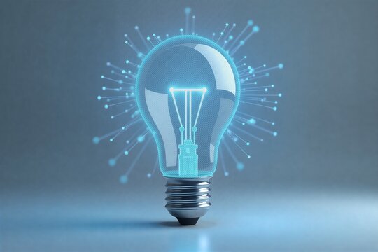 Glowing light bulb emits blue energy sparks, symbolizing innovation and ideas in a futuristic tech-inspired setting.