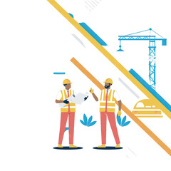 Two Construction Workers in Hard Hats and Safety Vests Reviewing Blueprints Near a Crane and Building Elements with Abstract Geometric Shapes in a Bold Blue Orange Palette