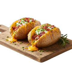 Two Delicious Baked Potatoes Filled with Melted Cheese Sour Cream and Bacon Bits Garnished with Chives and Rosemary on a Wooden Board Isolated on a Transparent Background