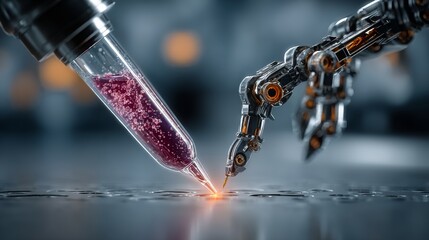 Advanced robotic arm precisely pipettes vibrant liquid sample in cutting edge laboratory, symbolizing scientific progress and innovation
